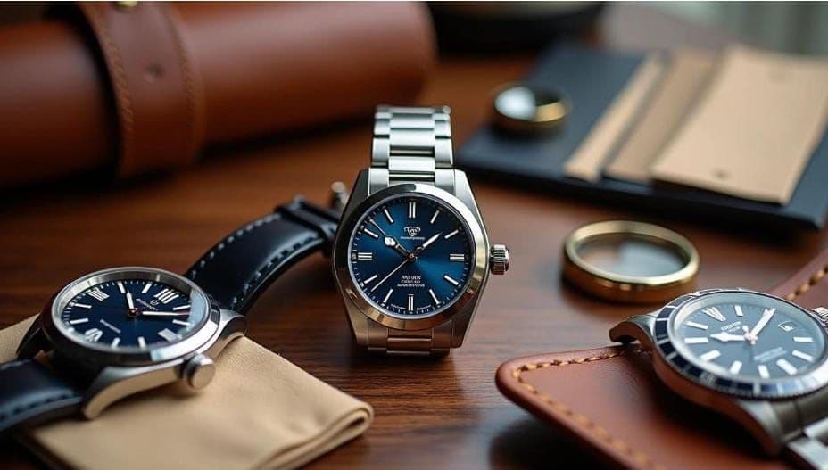 A collection of three stylish mechanical watches with blue dials and metal or leather straps, displayed alongside accessories like a leather wallet and cases, arranged on a wooden surface, highlighting entry-level options for 2026.