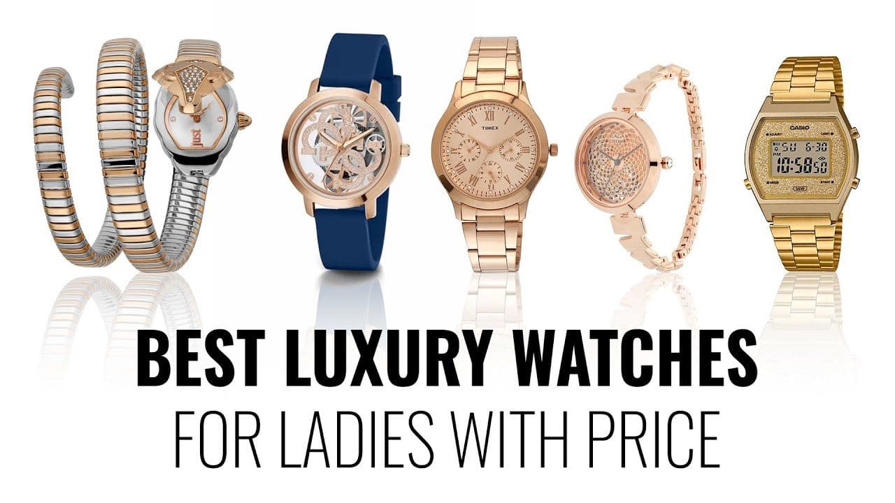 A selection of six luxury watches and jewelry with varying designs and prices, positioned in a row, illustrating options for women with different budget ranges.