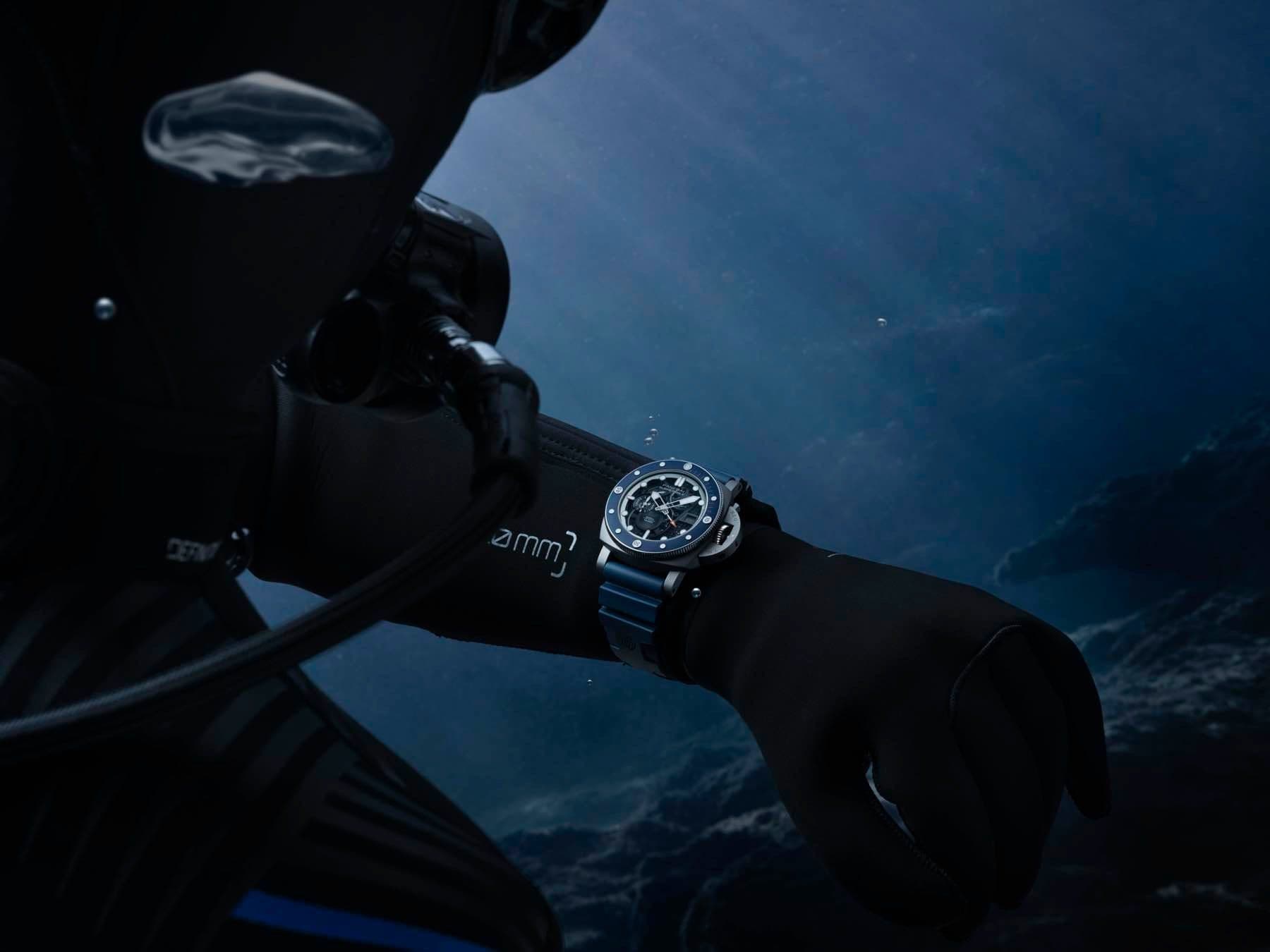 Panerai Submersible GMT PAM01495 with skeletonized dial and blue ceramic bezel.