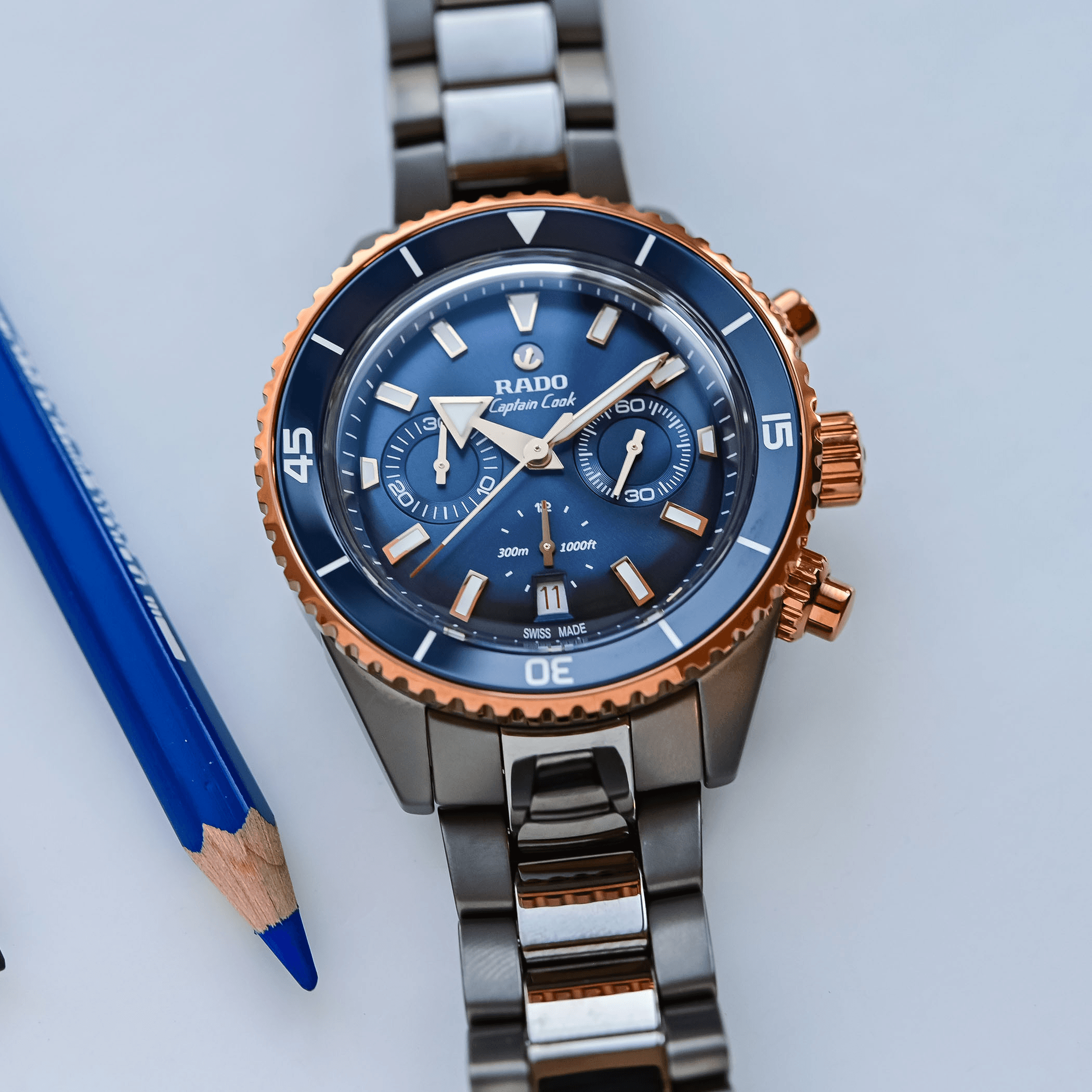 Rado Captain Cook High-Tech Ceramic Chronograph with blue dial and rose gold accents