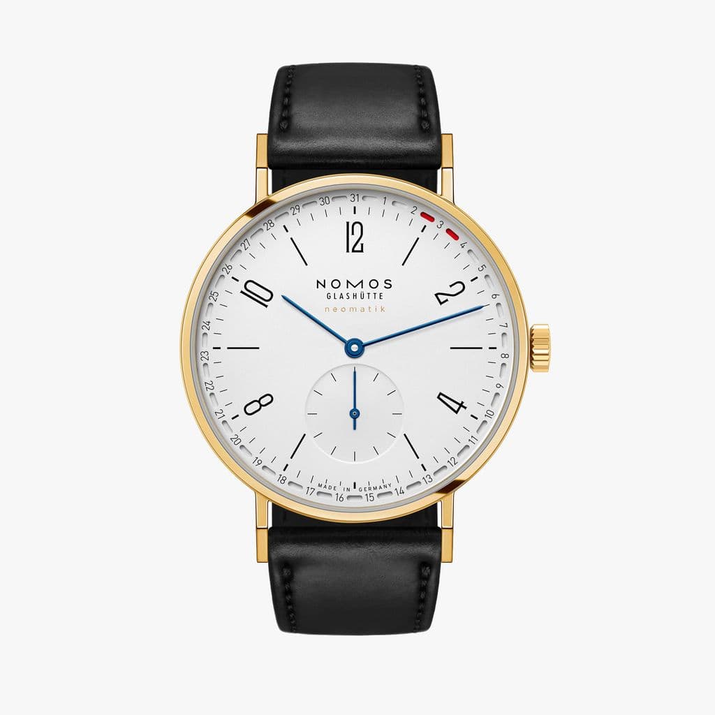 Nomos Tangente Gold neomatik 38 Update with white silver-plated dial on black leather strap.